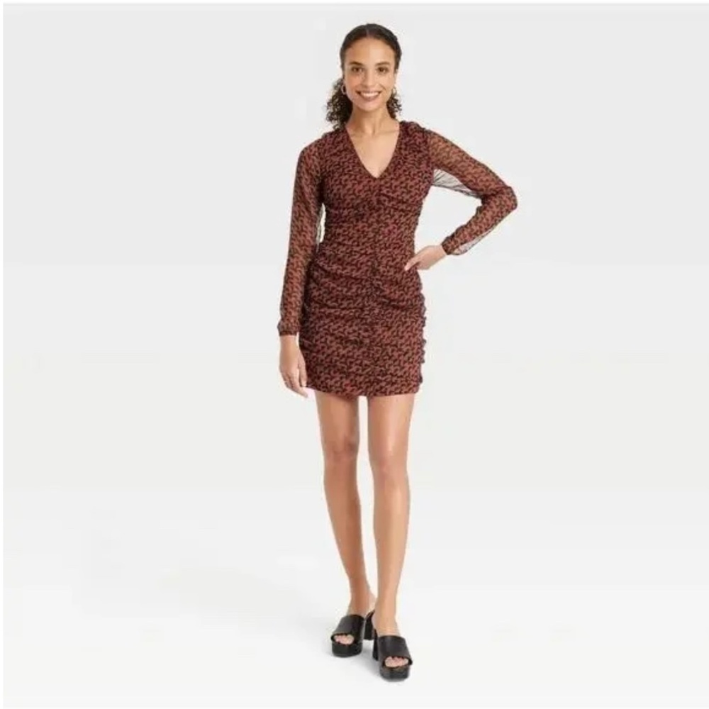 A New Day Brown & Black Geometric Ruched Bodycon Dress Long Sleeve Size XS